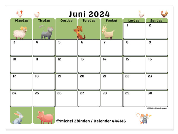 Kalender juni 2024, 444MS, klar til utskrift og gratis.