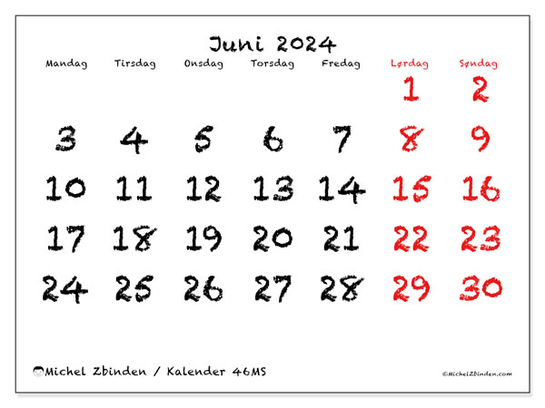 Kalender juni 2024, 46MS, klar til utskrift og gratis.