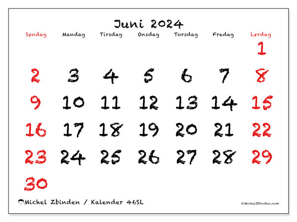 Kalender juni 2024, 46SL, klar til utskrift og gratis.