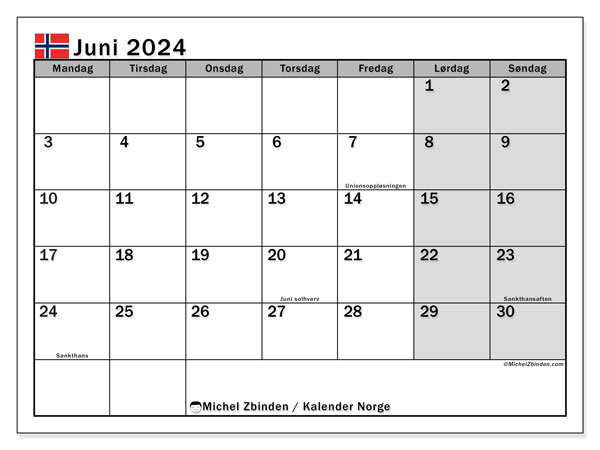 Kalender Juni 2024, Norwegen (NO). Programm zum Ausdrucken kostenlos.