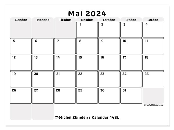 Kalender mai 2024, 44SL, klar til utskrift og gratis.