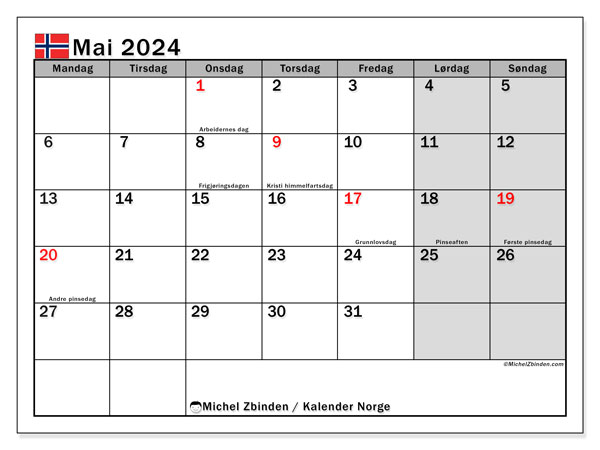 Kalender mai 2024 “Norge”. Gratis journal for utskrift.. Mandag til søndag