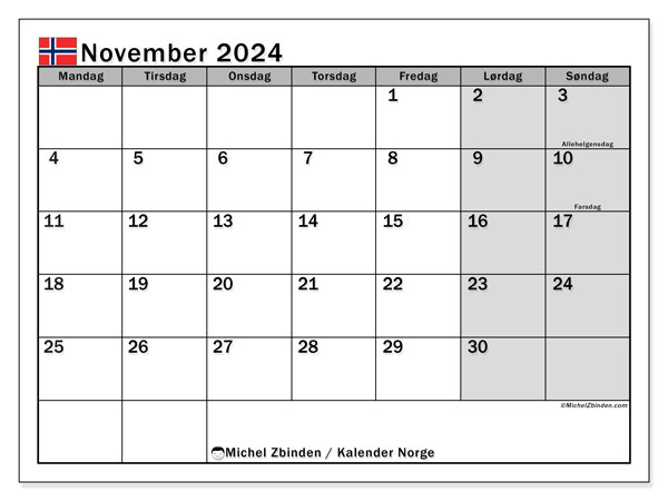 Kalender November 2024, Norwegen (NO). Kalender zum Ausdrucken kostenlos.