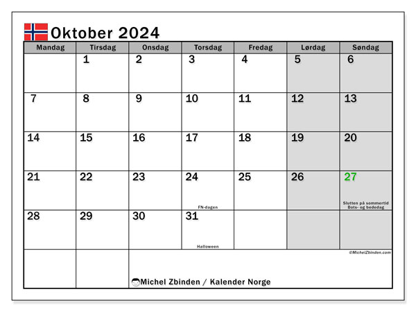 Kalender Oktober 2024, Norwegen (NO). Plan zum Ausdrucken kostenlos.