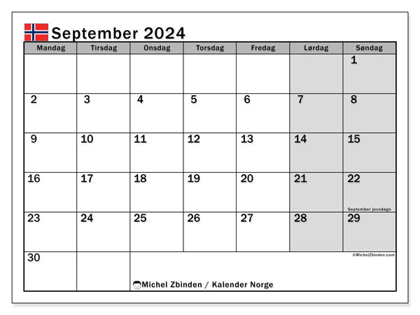 Kalender September 2024, Norwegen (NO). Plan zum Ausdrucken kostenlos.