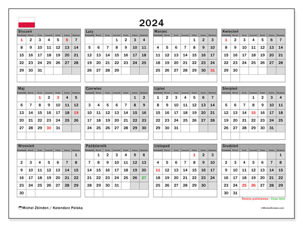 Calendario 2024, Polonia (PL). Orario da stampare gratuito.