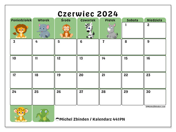 Kalendarz czerwiec 2024, 441PN, gotowe do druku i darmowe.