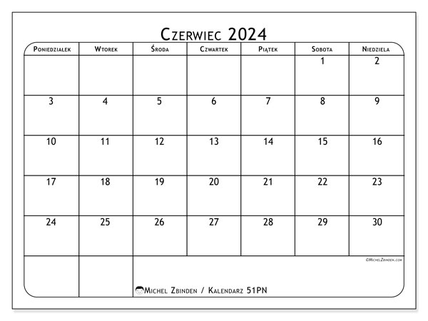 Kalendarz czerwiec 2024, 51PN, gotowe do druku i darmowe.