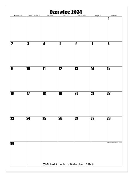 Kalendarz czerwiec 2024, 52NS, gotowe do druku i darmowe.
