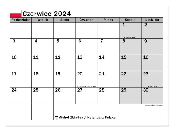 Kalendarz czerwiec 2024 “Polska”. Darmowy terminarz do druku.. Od poniedziałku do niedzieli