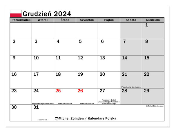 Kalender Dezember 2024, Polen (PL). Kalender zum Ausdrucken kostenlos.