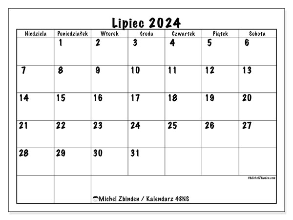 Kalendarz lipiec 2024, 48NS, gotowe do druku i darmowe.