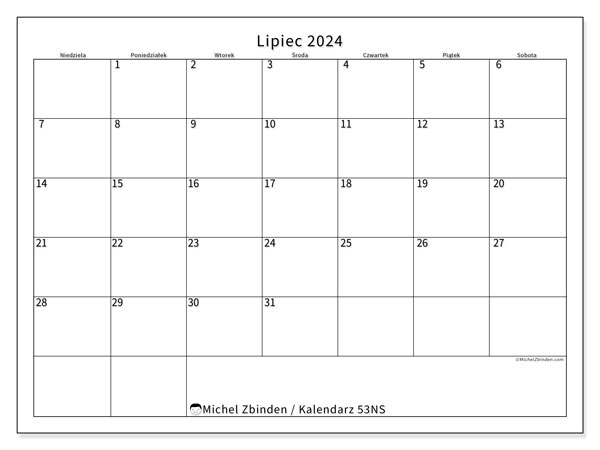 Kalendarz lipiec 2024, 53NS, gotowe do druku i darmowe.