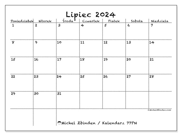 Kalendarz lipiec 2024, 77PN, gotowe do druku i darmowe.