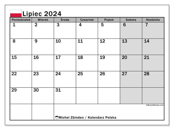 Kalendarz lipiec 2024 “Polska”. Darmowy terminarz do druku.. Od poniedziałku do niedzieli