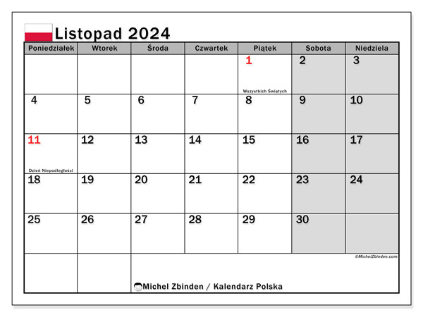 Kalender November 2024, Polen (PL). Kalender zum Ausdrucken kostenlos.