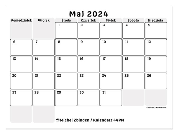 Kalendarz maj 2024, 44PN, gotowe do druku i darmowe.