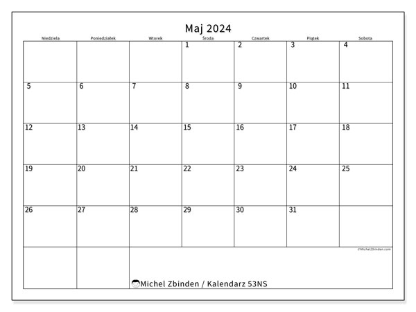 Kalendarz maj 2024, 53NS, gotowe do druku i darmowe.
