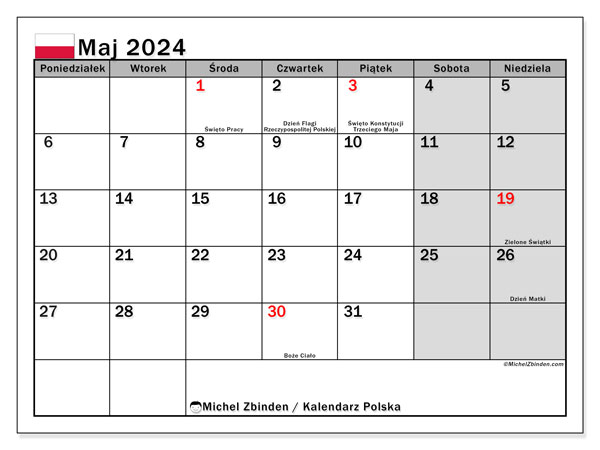 Kalendarz maj 2024, Polska, gotowe do druku i darmowe.