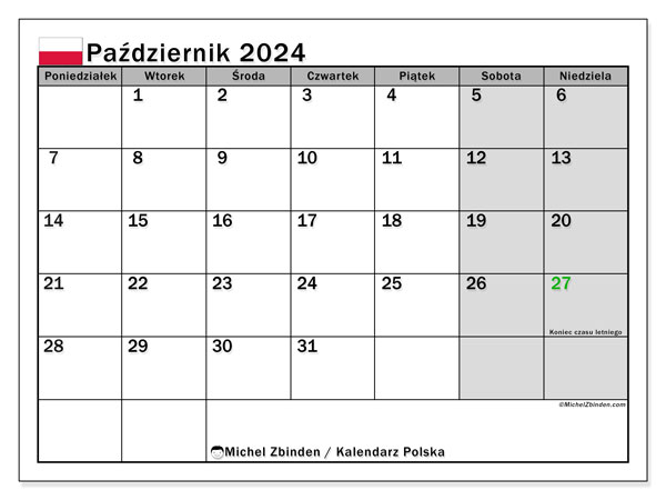 Calendario ottobre 2024, Polonia (PL). Programma da stampare gratuito.