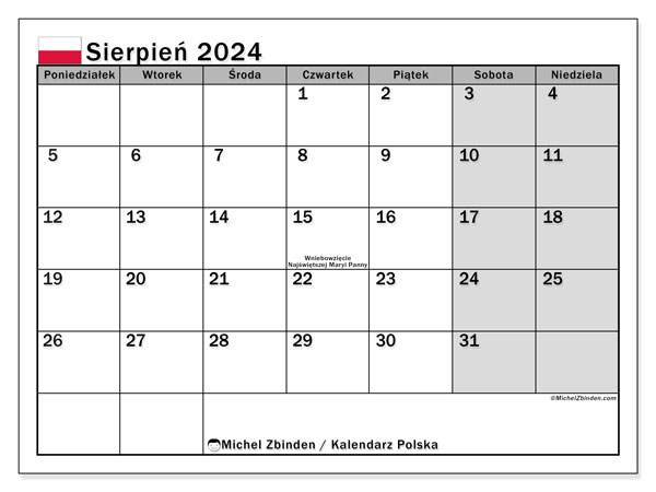 Calendario agosto 2024, Polonia (PL). Calendario da stampare gratuito.