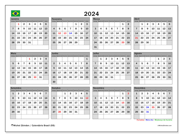 Calendario 2024, Brasile (PT). Orario da stampare gratuito.