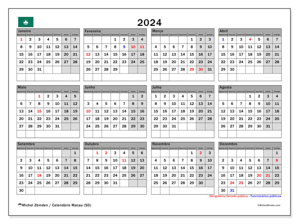 Calendario 2024, Macao (PT). Orario da stampare gratuito.
