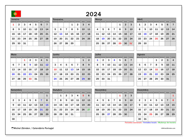 Calendario 2024, Portogallo (PT). Orario da stampare gratuito.