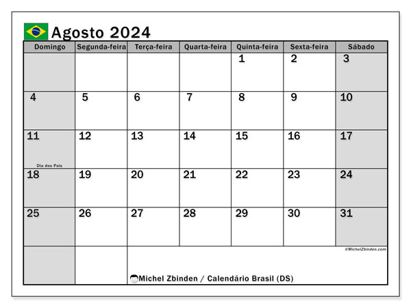 Calendario agosto 2024, Brasile (PT). Calendario da stampare gratuito.