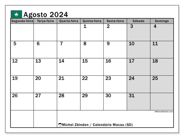 Kalender August 2024, Macau (PT). Plan zum Ausdrucken kostenlos.