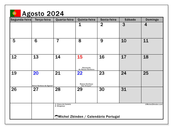 Calendario agosto 2024, Portogallo (PT). Calendario da stampare gratuito.