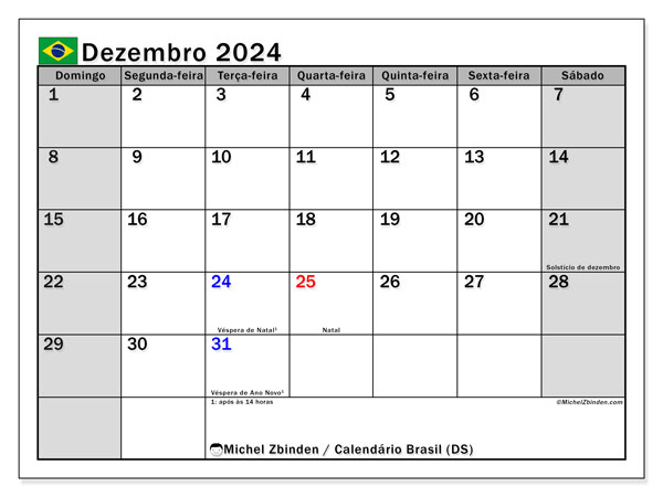 Calendario dicembre 2024, Brasile (PT). Piano da stampare gratuito.