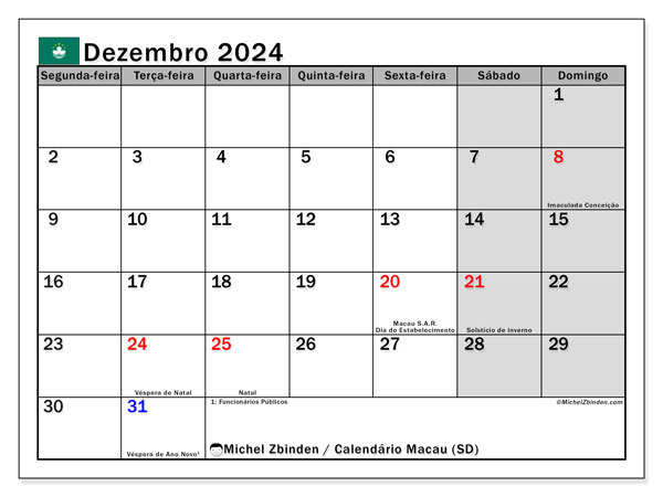 Calendario dicembre 2024, Macao (PT). Piano da stampare gratuito.