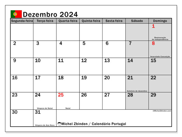 Kalender Dezember 2024, Portugal (PT). Kalender zum Ausdrucken kostenlos.