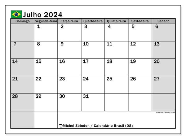 Calendario luglio 2024, Brasile (PT). Orario da stampare gratuito.