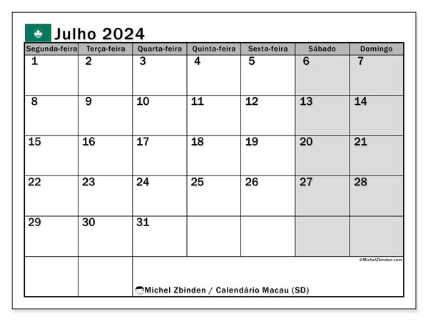Calendario luglio 2024, Macao (PT). Orario da stampare gratuito.