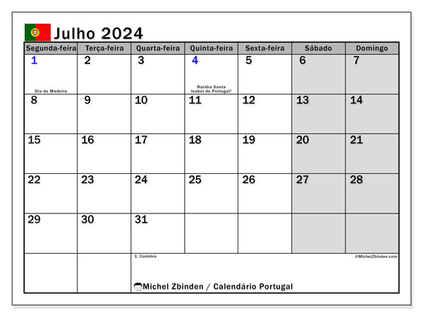 Kalender Juli 2024, Portugal (PT). Programm zum Ausdrucken kostenlos.