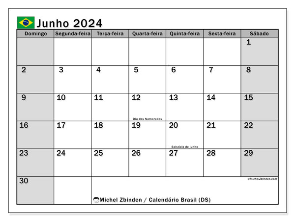 Kalender Juni 2024, Brasilien (PT). Programm zum Ausdrucken kostenlos.