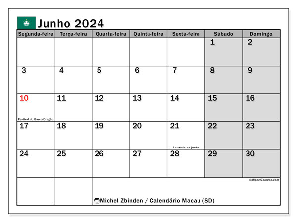 Kalender Juni 2024, Macau (PT). Programm zum Ausdrucken kostenlos.