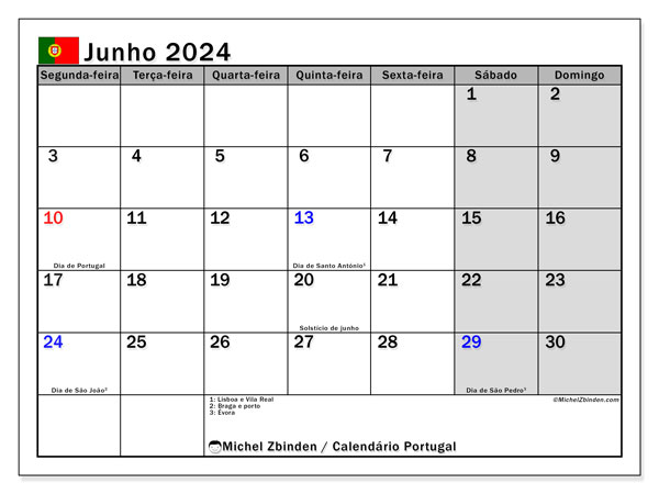 Kalender Juni 2024, Portugal (PT). Programm zum Ausdrucken kostenlos.