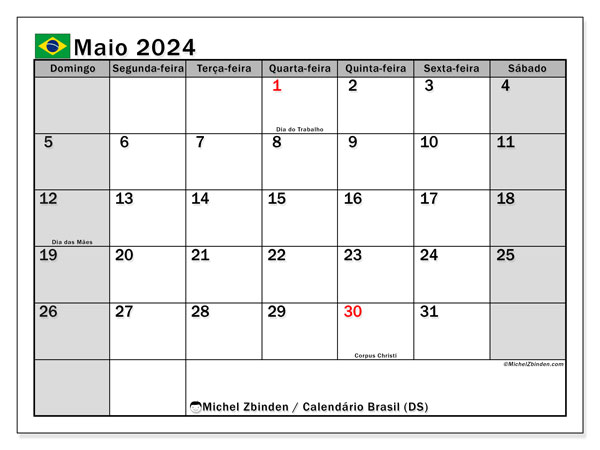 Calendario maggio 2024, Brasile (PT). Programma da stampare gratuito.
