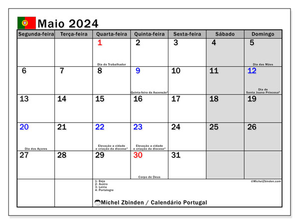 Kalender Mai 2024, Portugal (PT). Programm zum Ausdrucken kostenlos.