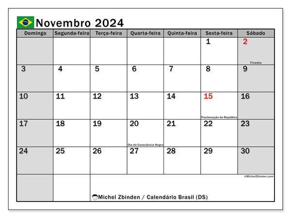 Calendario novembre 2024, Brasile (PT). Piano da stampare gratuito.