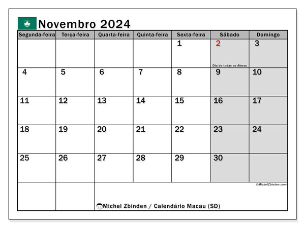 Kalender November 2024, Macau (PT). Kalender zum Ausdrucken kostenlos.