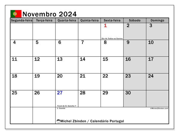 Kalender November 2024, Portugal (PT). Kalender zum Ausdrucken kostenlos.