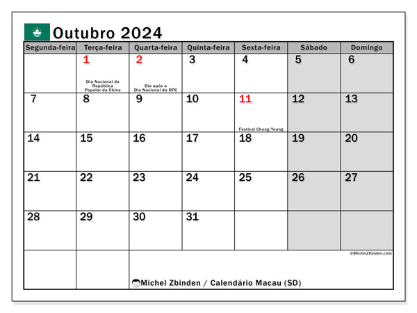 Calendario ottobre 2024, Macao (PT). Programma da stampare gratuito.