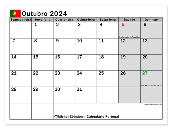 Kalender Oktober 2024, Portugal (PT). Plan zum Ausdrucken kostenlos.