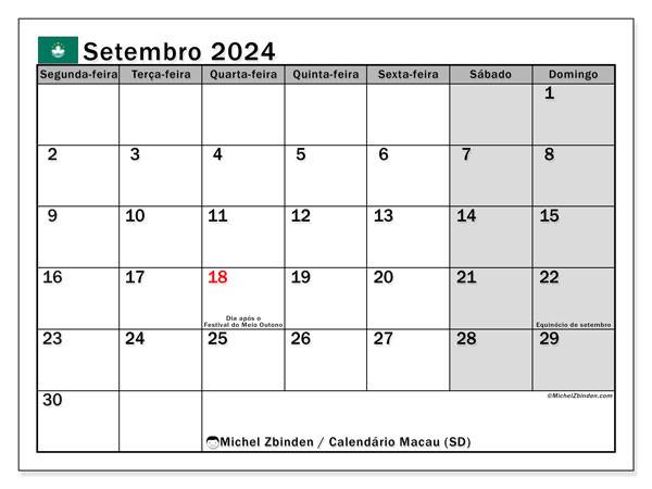 Kalender September 2024, Macau (PT). Plan zum Ausdrucken kostenlos.