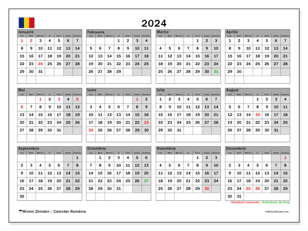 Calendar anual 2024 “România”. Calendar pentru imprimare gratuit.. Luni până duminică