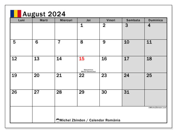 Calendario agosto 2024, Romania (RO). Calendario da stampare gratuito.
